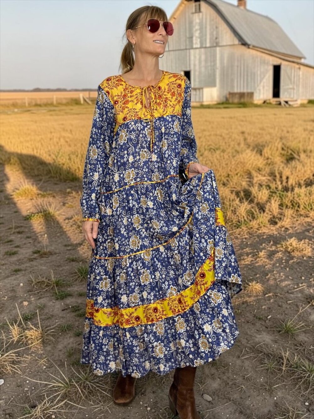 ZARA Blue Combined Maxi Floral Dress XS Long Sleeve Peasant Boho Western